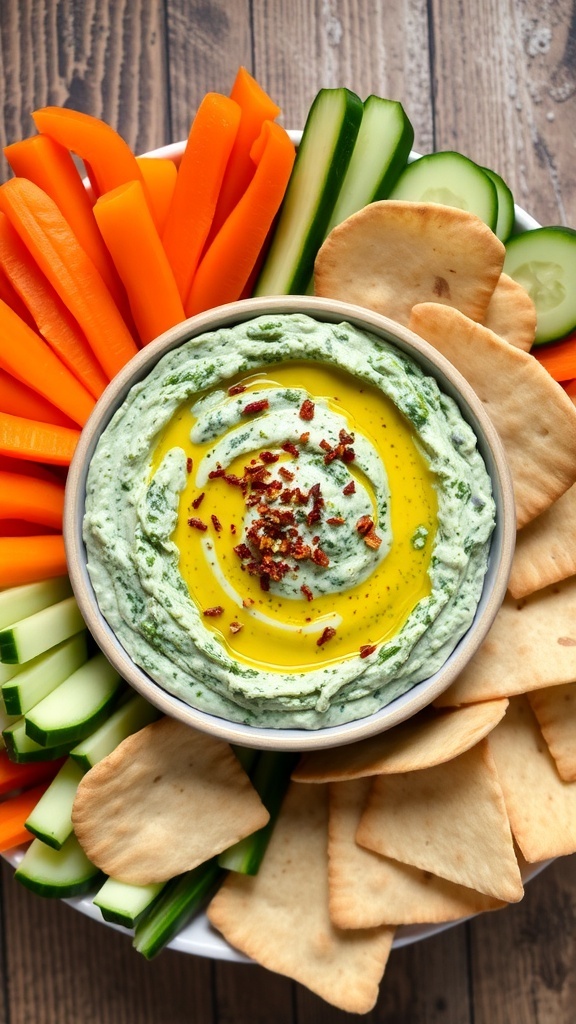 A bowl of kale and edamame dip with vegetables and pita chips on a rustic table.